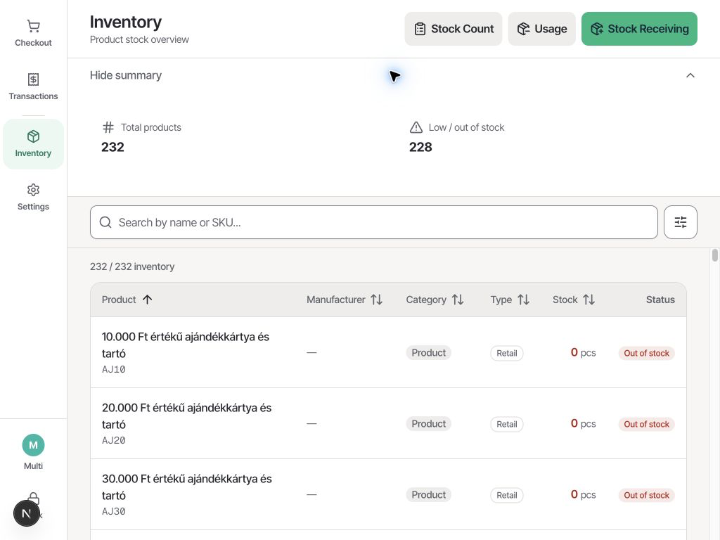 Vendro POS – store inventory overview and stock quantities