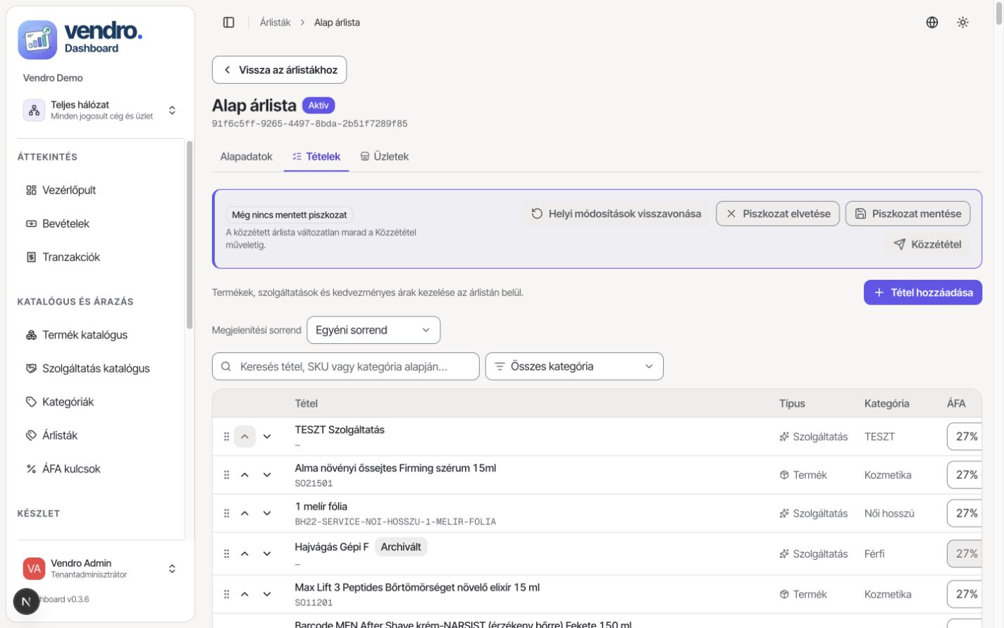 Vendro Dashboard – termékek és szolgáltatások árlistatételei